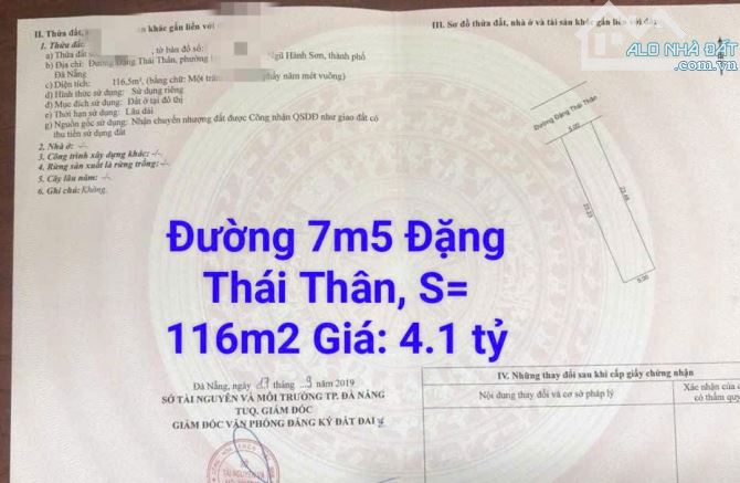 Đường 7m5 Đặng Thái Thân, Hoà Hải, Hành Sơn.., S= 116m2 Giá: 4.1 tỷ