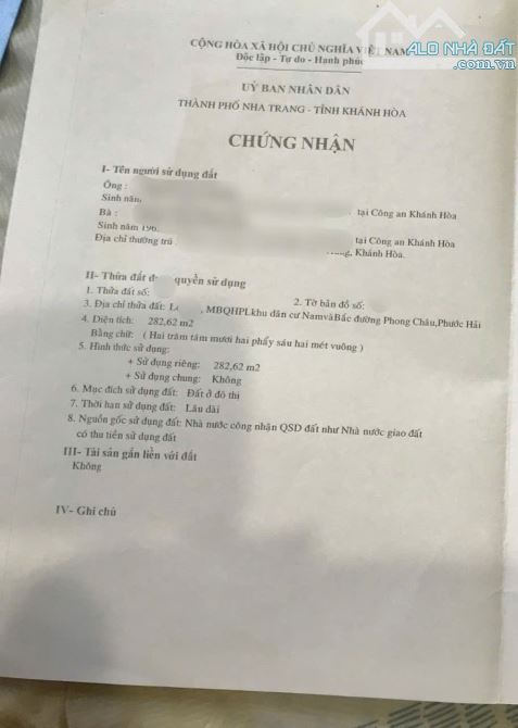 Bán lô góc đẹp khu dân cư Phước Hải, Nha Trang, 282 m2, sổ hồng xây tự do, giá tốt 15 tỷ