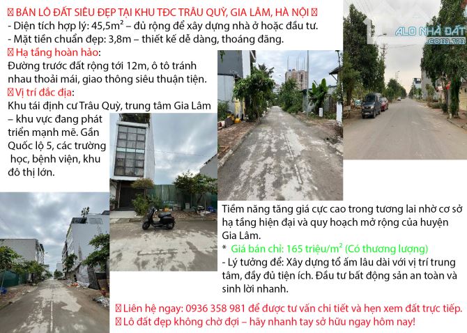 BÁN LÔ ĐẤT 46M2 SIÊU ĐẸP TẠI KHU TĐC TRÂU QUỲ, GIA LÂM, HÀ NỘI - 1