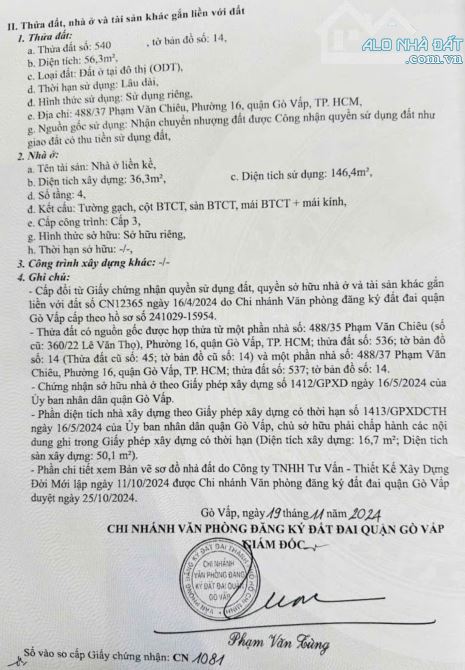 Bán Nhà hẻm 488/37 Phạm Văn Chiêu, Phường 16, Gò Vấp, Hẻm 3m thông, 4,3x13,5m, Cn 56,3 - 7