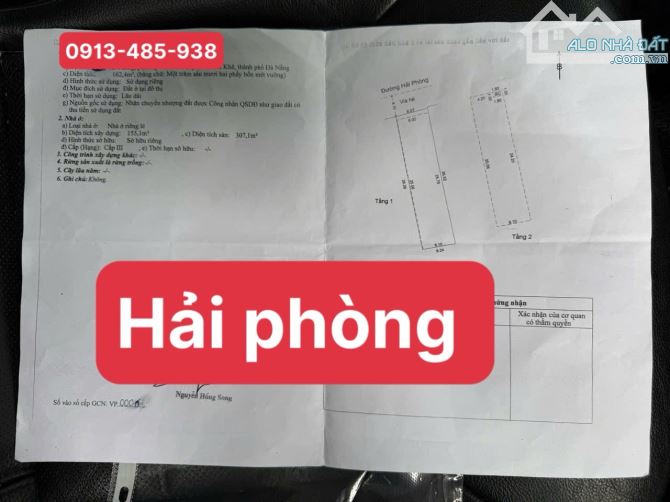 Bán nhà 2 tầng đường HẢI PHÒNG - Hải - Thanh Khê - Đà Nẵng  DT 162m2