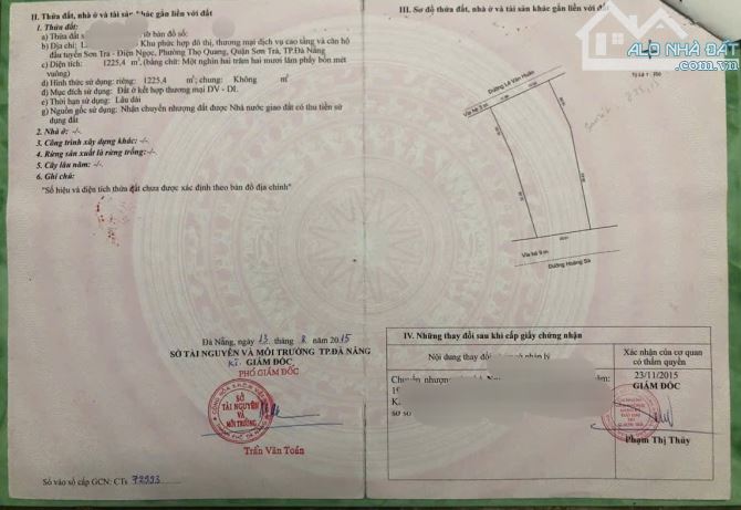 Bán lô đất đường Hoàng Sa  dt 1225,4m giá 135tr/m