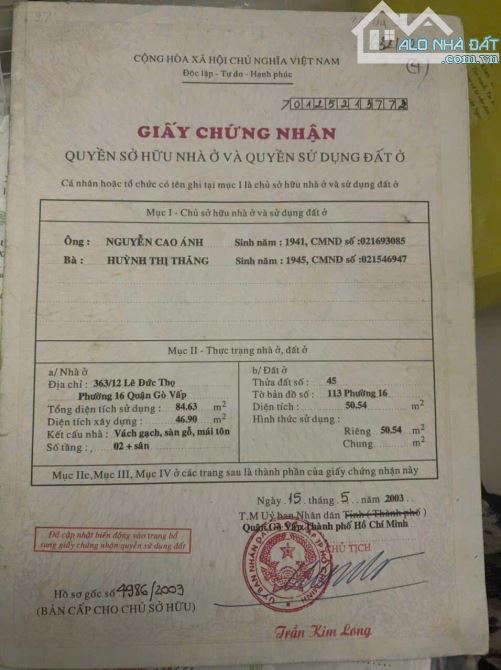 NHÀ chính chủ, hạNhà trệt lầu. DT:4,9x14,5m=4,1tỷ. Lê Đức thọ,P.17,GV. - 4