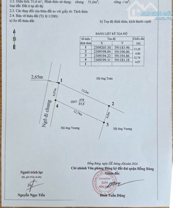 bán đất 45,7m2 tại Quỳnh Cư, Hùng Vương, Hồng Bàng giá 950tr