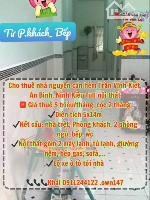 Cho thuê nhà full nội thất hẻm đường Trần Vĩnh Kiết