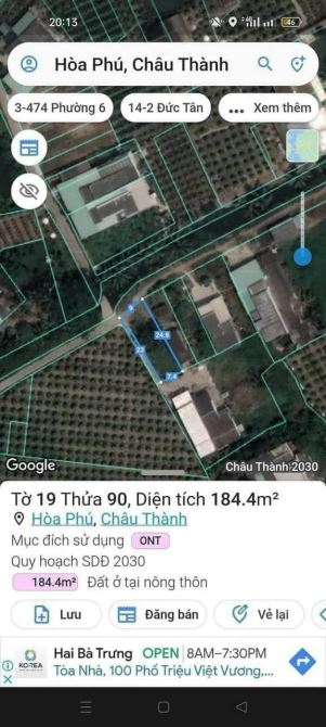 ✅ Đất thổ cư xã Hoà Phú, Châu Thành - Diện tích: 9 x 24 ( hậu 7.4) đường oto - 599 triệu - 1