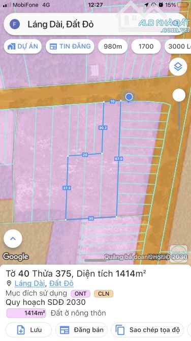 NGỘP: 1414m2 đát ngay ngã 3 sân bay Lộc An, 10m mt nở hậu 30m, 200tc, chỉ 4ty8 TL - 2