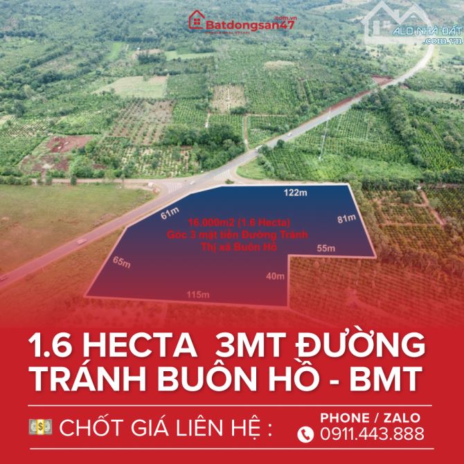 💥1.6 HECTA GÓC 3MT KHUÔN ĐẤT ĐẸP VỚI 180M BÁM ĐƯỜNG TRÁNH BUÔN HỒ