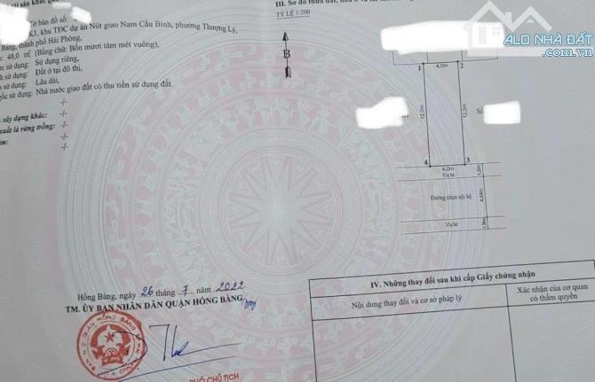 Bán lô đất 48m TĐC Thượng Lý, Hồng Bàng DT: 48m MT: 4m Giá: 4. 272 tỷ Ms Minh