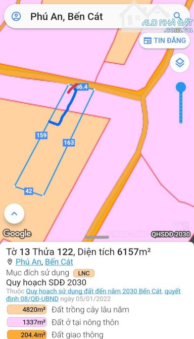 BÁN ĐẤT MT DX, PHÚ AN, TX.BẾN CÁT, DT: 10x52, TC100M2, SHR, GIÁ 2,450 TỶ - 1