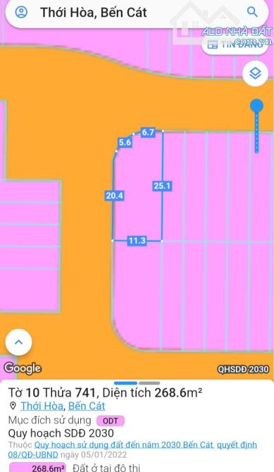 BÁN LÔ GÓC 2MT, P.THỚI HOÀ, TP.BẾN CÁT, DT:11x25, TC100%, SHR, GIÁ 3,2 TỶ - 2