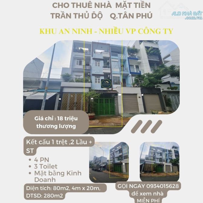 Cho thuê nhà mặt tiền Trần Thủ Độ 80m2, 2Lầu+ST, 18Triệu