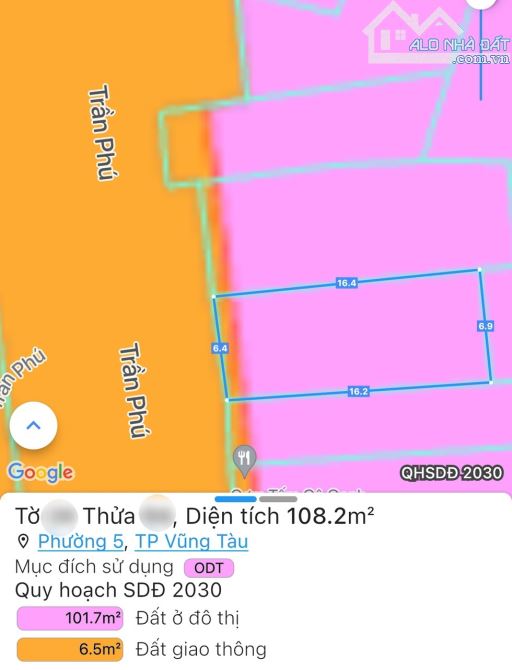 BÁN ĐẤT MẶT TIỀN TRẦN PHÚ P5 TP. VT 108m(6,5x17) giá 9,7 tỷ TL