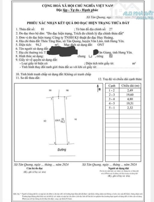 BÁN ĐẤT; TÂN QUANG - VĂN LÂM - HƯNG YÊN;DT 94M2 GIÁ 43TR/M2 - 6