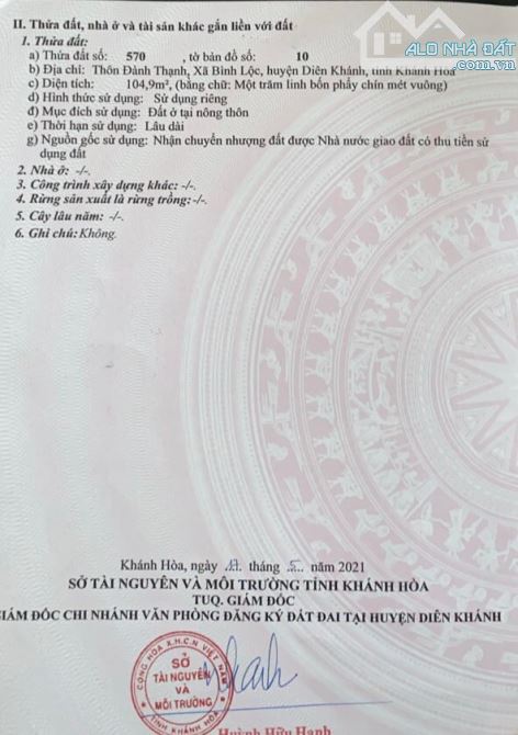 Bán đất thôn Đảnh Thạnh, Bình Lộc, Diên Khánh. Dt:105m2. Sổ hồng thổ cư. Giá:630 triệu