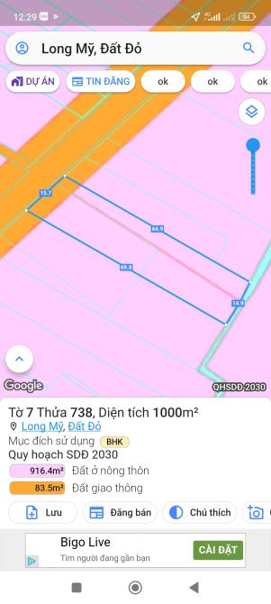 long mỹ, bán 1000m2, gần biển khu nghỉ dưỡng đẹp, 16mx60m, sẵn 200 thổ cư giá 5,5tr/m2