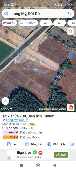 long mỹ, bán 1000m2, gần biển khu nghỉ dưỡng đẹp, 16mx60m, sẵn 200 thổ cư giá 5,5tr/m2 - 1