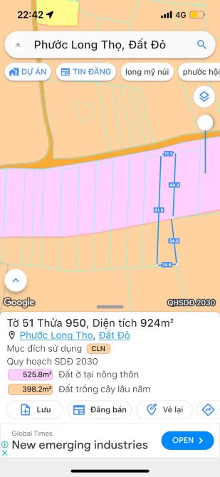 PHƯỚC LONG THỌ - ĐẤT ĐỎ - BRVT;🌈Dt 924M2 - Giá 1tỷ 850