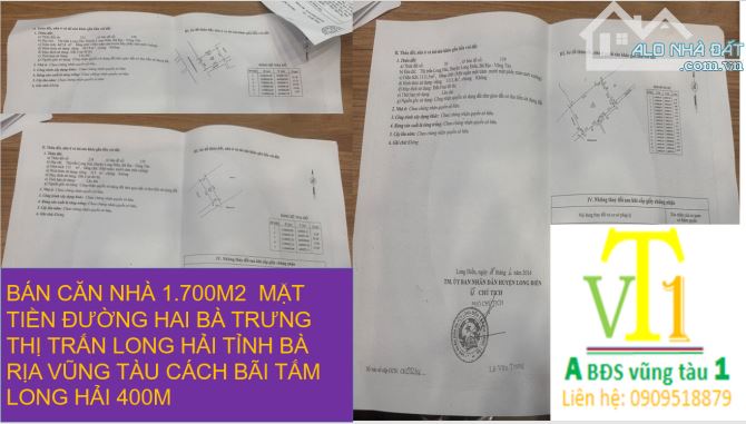 BÁN CĂN ĐẤT  1,700M2  MẶT TIỀN ĐƯỜNG HAI BÀ TRƯNG THỊ TRẤN LONG HẢI TỈNH BÀ RỊA VŨNG TÀU