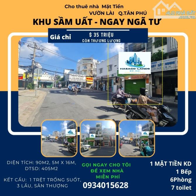 CỰC HIẾM - Cho thuê nhà Mặt Tiền Vườn Lài 90m2, 3Lầu+ST- NGAY NGÃ TƯ