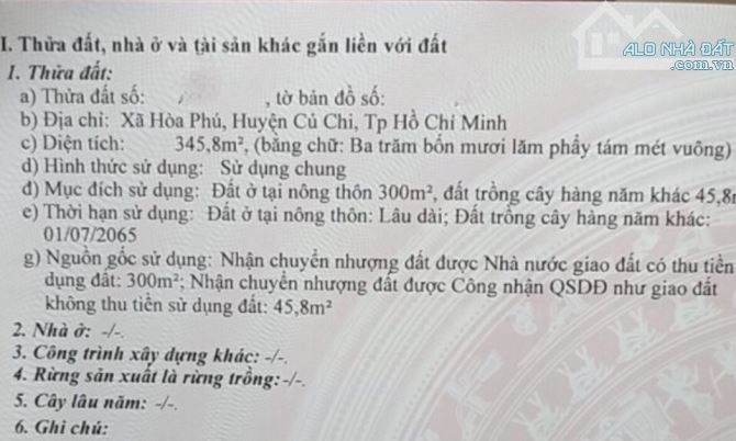 Chính chủ gửi bán 346m2 đất, 300m thổ cư DT : 6 x 60 Xã Hoà Phú, huyện Củ Chi - 2
