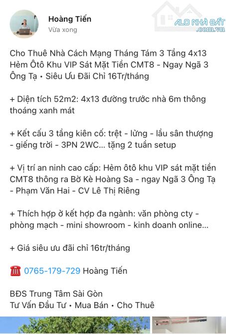 Cho Thuê Nhà Cách Mạng Tháng Tám 3 Tầng 4x13 Hẻm Ôtô Sát Mặt Tiền CMT8 - Phạm Văn Hai 16Tr - 8