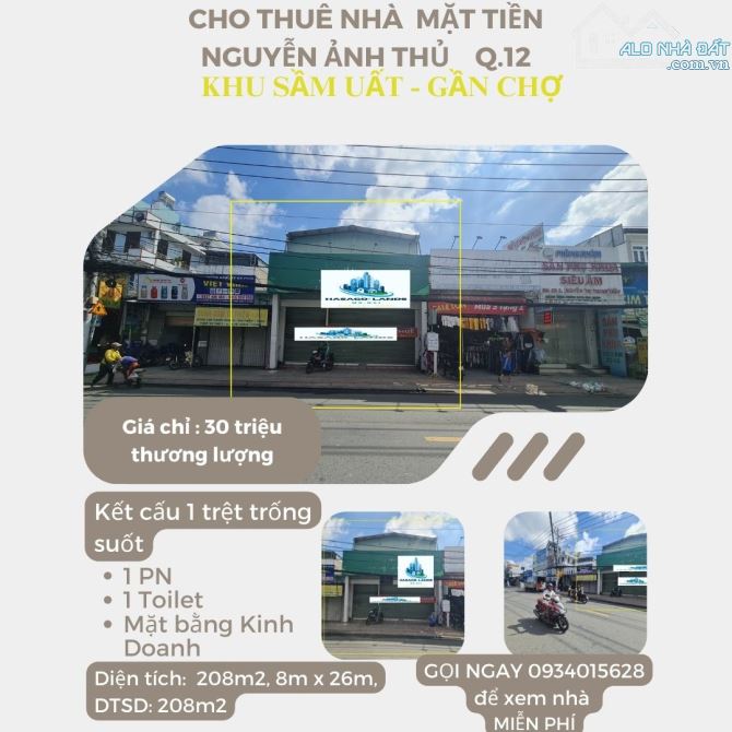 CỰC SỐC- Cho thuê nhà mặt tiền Nguyễn Ảnh Thủ 208m2, 32Triệu-GẦN CHỢ