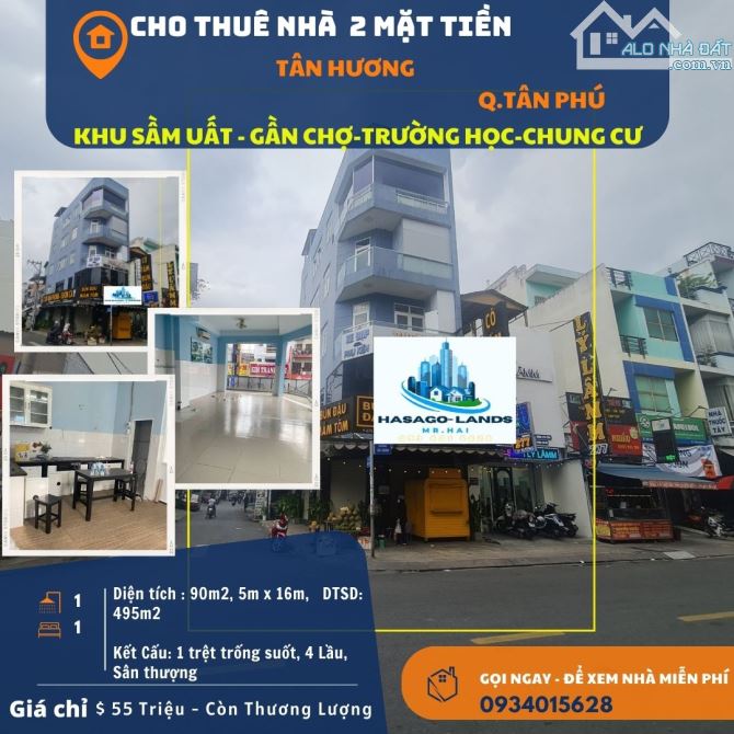 CHỦ Cho thuê nhà 2 mặt tiền Tân Hương 90m2, 4Lầu+ST - NGAY CHỢ