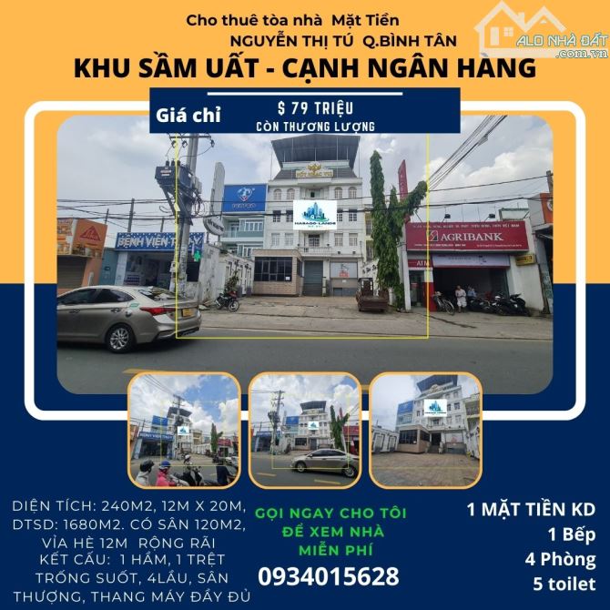 CỰC HIẾM- Cho thuê Tòa nhà mặt tiền Nguyễn Thị Tú 240m2, 4Lầu+ST-THANG MÁY