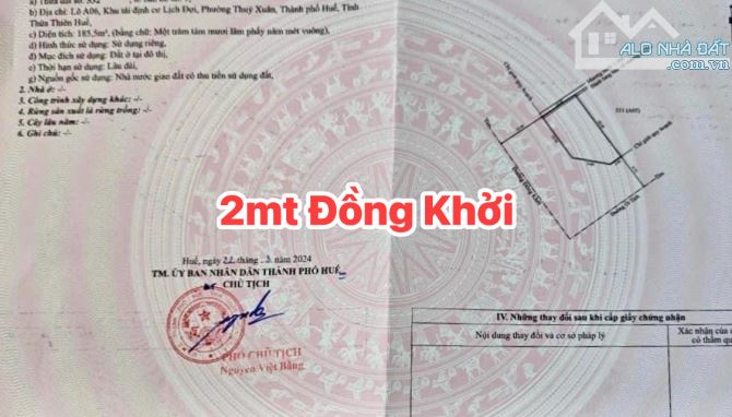 Lô góc 2mt đường Đồng Khởi - Kqh Bàu Vá, Thuỷ Xuân, Tp Huế.  • Dt: 185,5 m2.