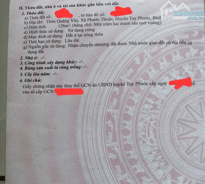 Bán lô đất khu tái định cư quảng vân, xã phước thuận, huyện tuy phước. Diện tích 126m2.