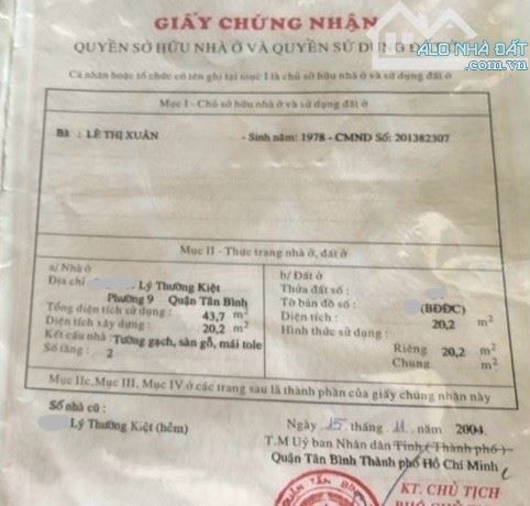 21m2, 3 tỷ 2 Hẻm xe hơi thông Lý Thương Kiệt, ngang 4m - 4
