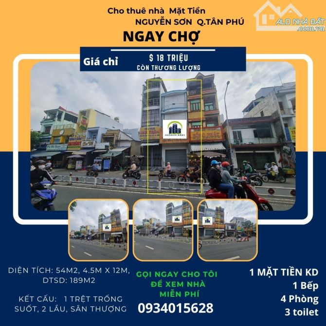 CHỦ- Cho thuê nhà  Mặt Tiền Nguyễn Sơn 54m2, 2 Lầu+ST, 18Triệu