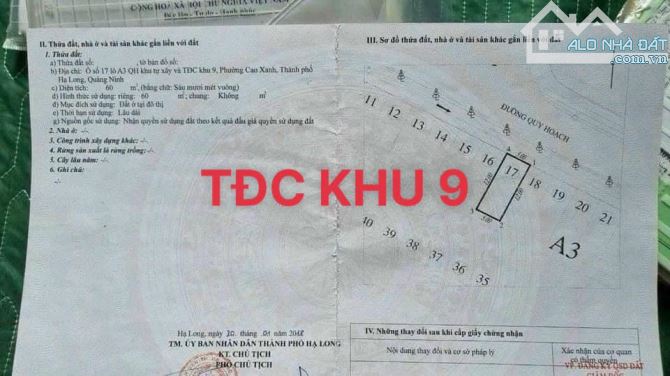 Chủ cần bán thửa đất ở Lô A3 ô số 17 khu 9 Cao Xanh, P.Cao Xanh, Hạ Long. – Diện tích: 60m - 3