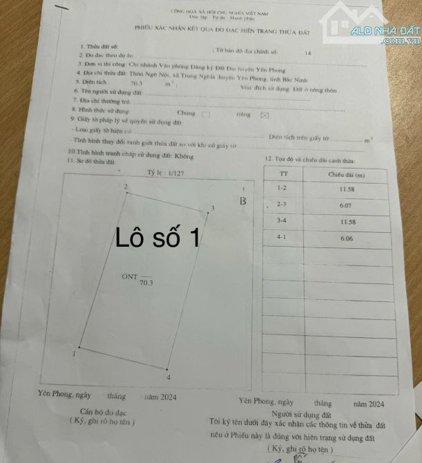 Bán Đất Thị trấn Chờ - Yên Phong Bắc Ninh oto , lô góc nở hậu Mt = 6,2m giá 1,2ty( 71m2) - 8