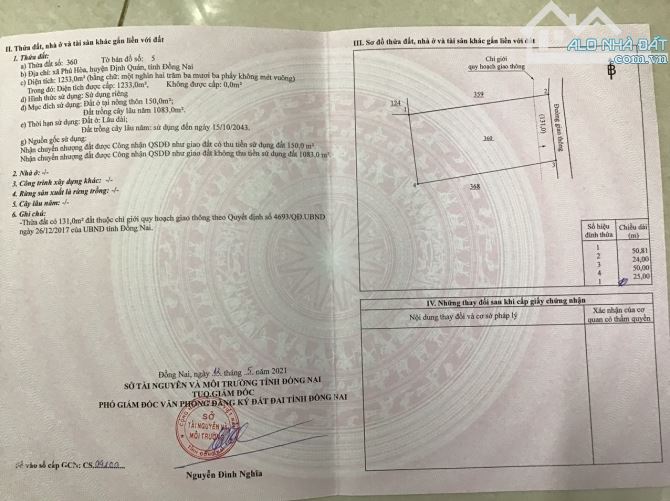BÁN LÔ ĐẤT BIỆT THƯ VƯỜN KHU DÂN CƯ  1233M2 (24MX50M) CÓ SẴN 150M2 THỔ CƯ CHỈ 1TY6