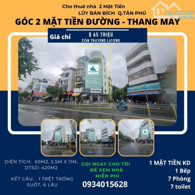 CỰC HIẾM- Cho thuê nhà 2  Mặt Tiền Lũy Bán Bích 60m2, 6 Lầu-Thang Máy