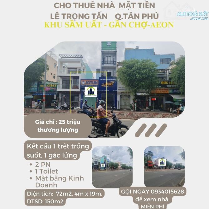 Cho thuê nhà mặt tiền Lê Trọng Tấn 72m2, 25Triệu- NGAY CHỢ SƠN KỲ