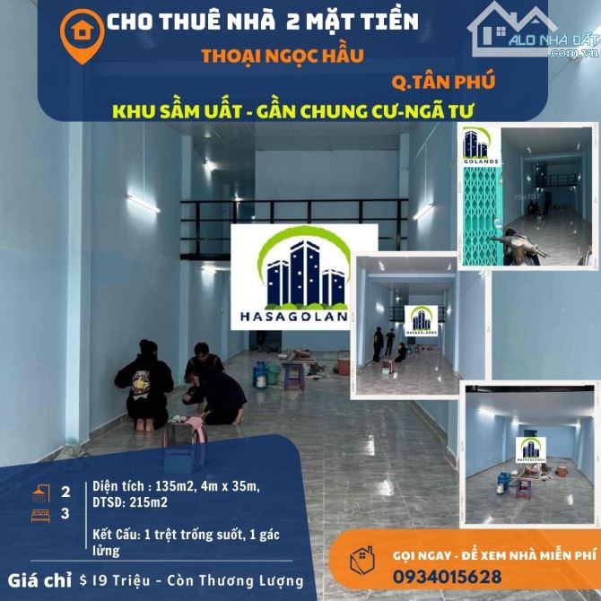 HIẾM- Cho thuê nhà mặt tiền Thoại Ngọc Hầu 135m2, 19Triệu - gần CHUNG CƯ