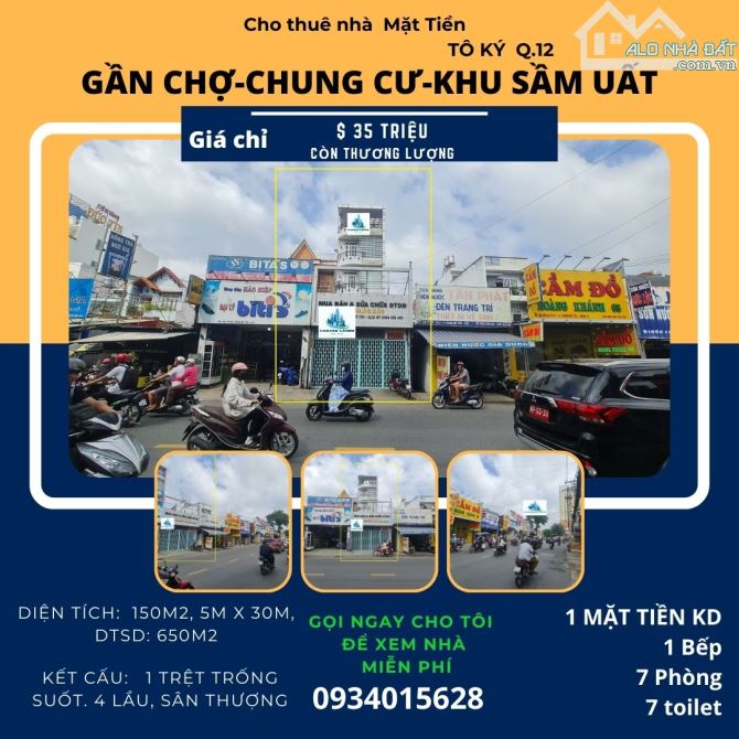 Cho thuê nhà Mặt Tiền Tô Ký 150m2, 4Lầu+ST - CẠNH CHỢ-CHUNG CƯ