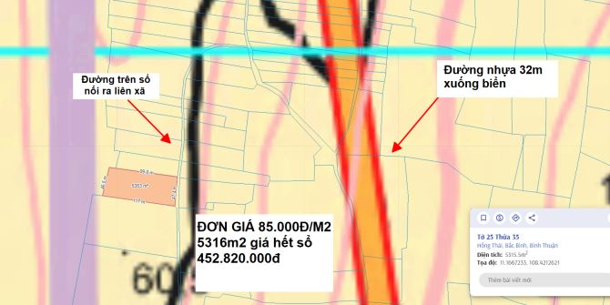 Hàng ngộp 85k/m2 ngay đường nhựa 32m xuống biển Hoà Thắng, sổ hồng riêng, đường trên sổ - 1