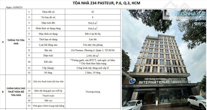 Cho thuê Tòa nhà 234 Pasteur Quận 3, DT: 22.4x26.5m, 2 Hầm + 10 lầu, Giá: 1.25 tỷ TL - 3