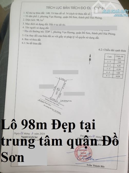 SIÊU PHẨM. 98m ngang 5m cổng trường Trung học Đồ Sơn. Giá chỉ hơn 2 tỷ.LH E Kiên