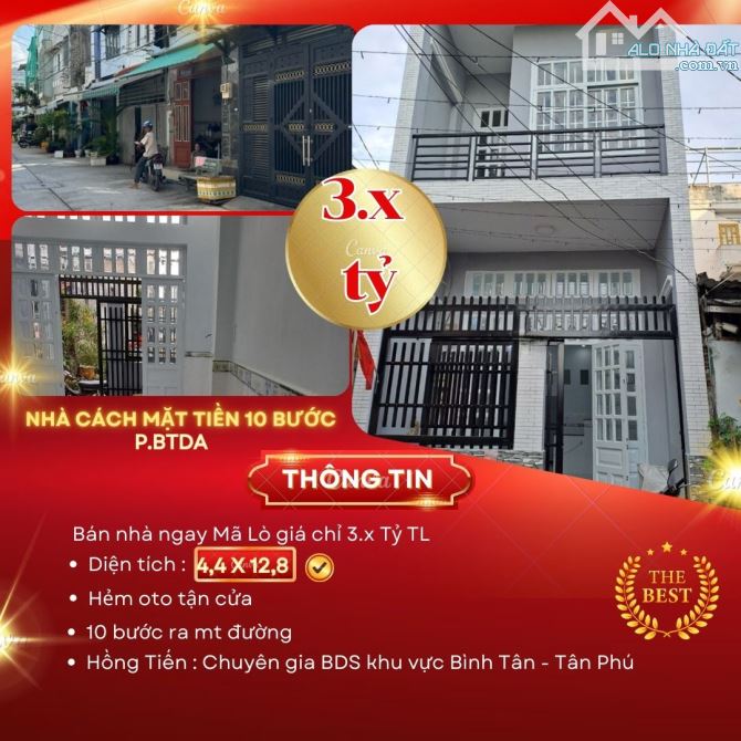 B.án nhà Mã Lò - DT 4,4m x 12,8m - Hẻm oto tận cửa - 2 Tầng - Giá chỉ 3.x Tỉ