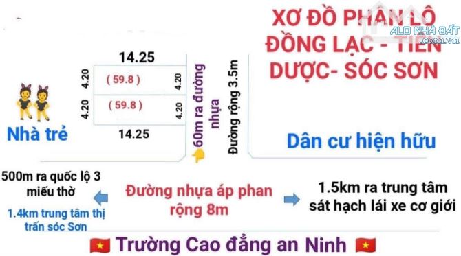 Đồng lạc-  tiên dược - sóc sơn - hà nội  Diện tích : 59,8m2 Mặt tiền : 4,20m Đường rộng đẹ - 1