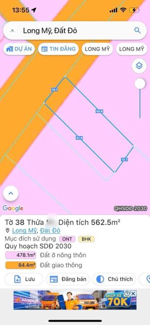 LONG MỸ NGAY TRỤC CHÍNH XÃ, 560m2, có 14m mặt tiền nhựa, 70 thổ cư giá 4tyx