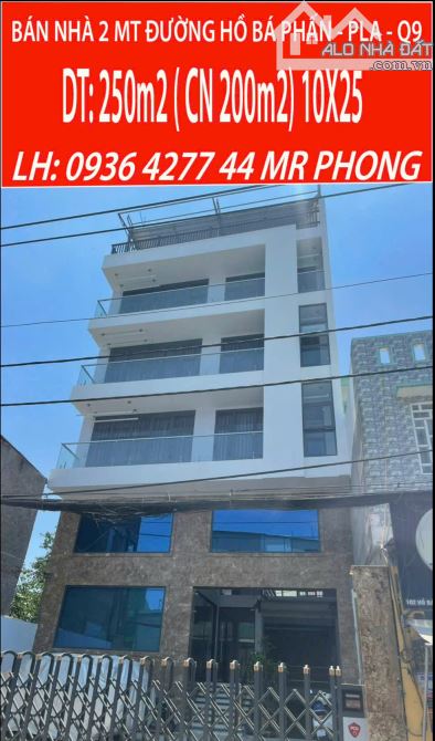 BÁN TÒA NHÀ 2MT Q9 ĐƯỜNG Hồ Bá Phấn, PLA. DT: 250m2.