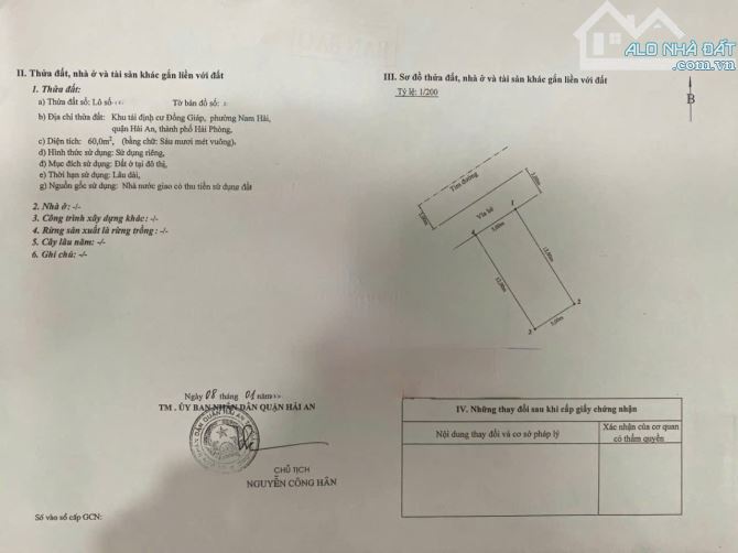 Chính chủ gửi bán lô đất DT 60 M TĐC Đồng Giáp Hải An