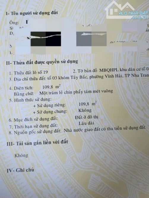 ☎ LÔ ĐẤT MẶT ĐƯỜNG RỘNG(10M)- SÁT ĐƯỜNG 2 THÁNG 4, VĨNH HẢI . - (DT: 109,8M2 ) giá 3,84 TỶ