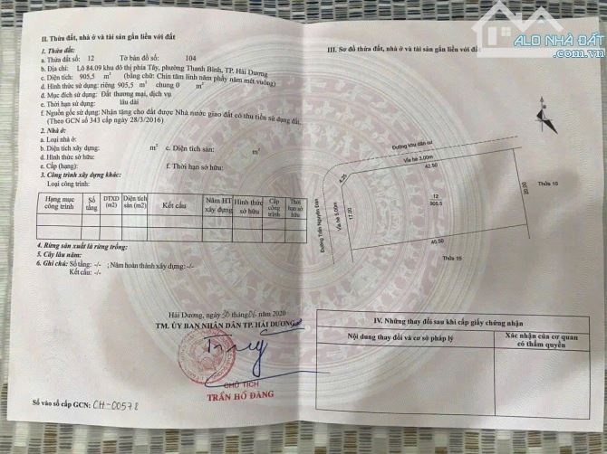 Bán lô thương mại dịch vụ mặt đường Trần Nguyên Đán, Thanh Bình, TP HD, 905m2, lô góc